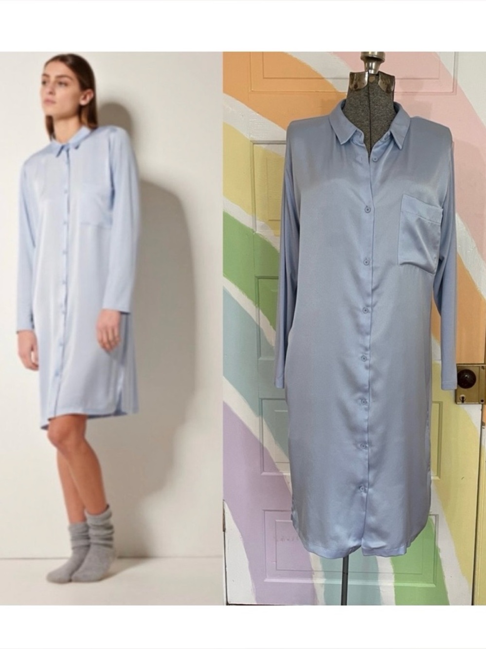 Pluto Luxury Belgian Nightgown Baby Blue Satin & Modal Sleep Shirt Dress 42/L 💛🎀